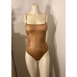SKIMS Size XL Glissenette Chai Scoop Neck Sheer Bodysuit Shimmery Golden